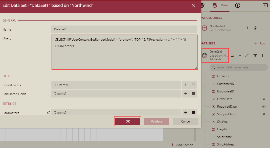 edit query for dataset