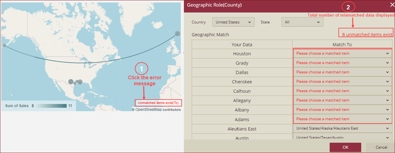 flowlinemap-errormessage for mismatch