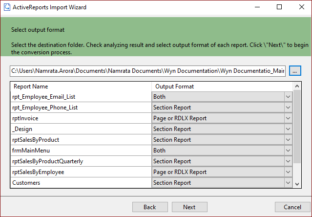 select out put format and location