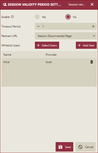 session validity period settings dialog box