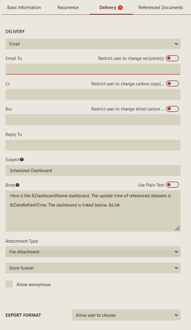 Scheduled dashboard e-mail