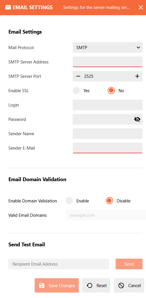 Email Settings for SMTP Configuration