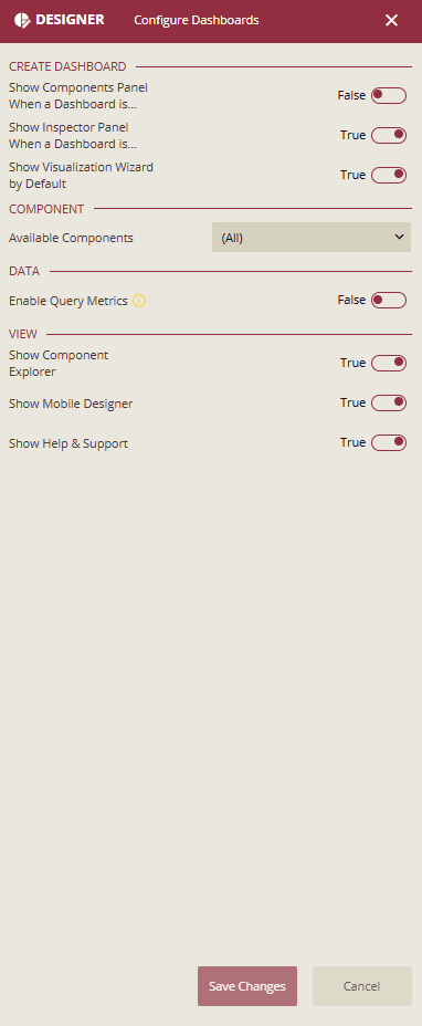 Dashboard Designer Settings Page