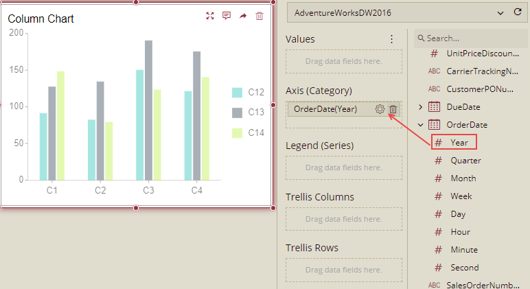 Drag OrderDate(Year) to Axis