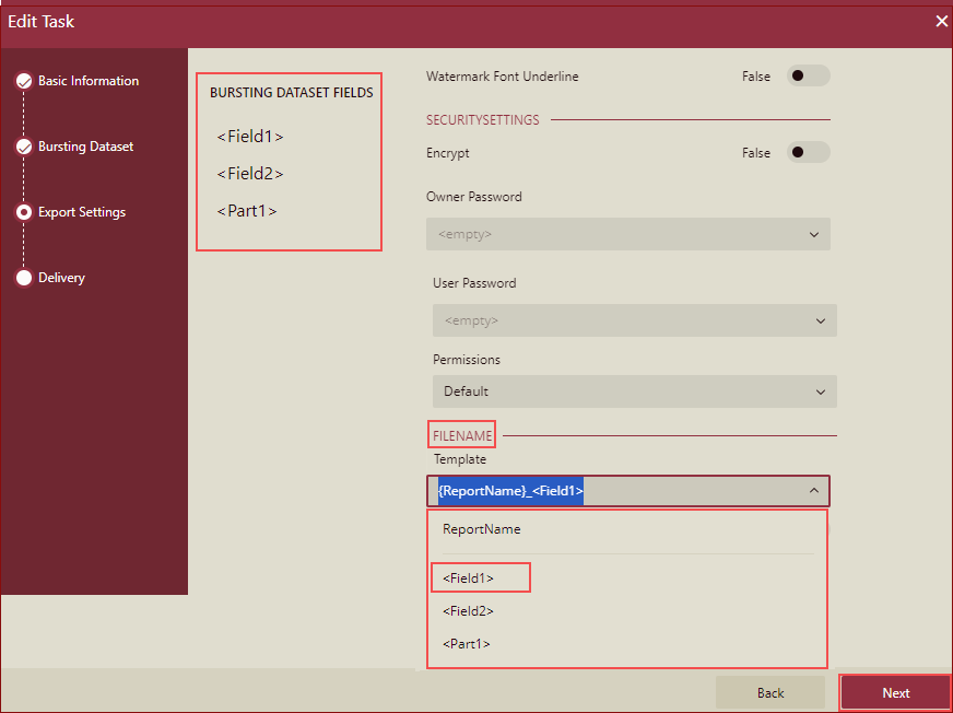 selecting bursting filed - field1