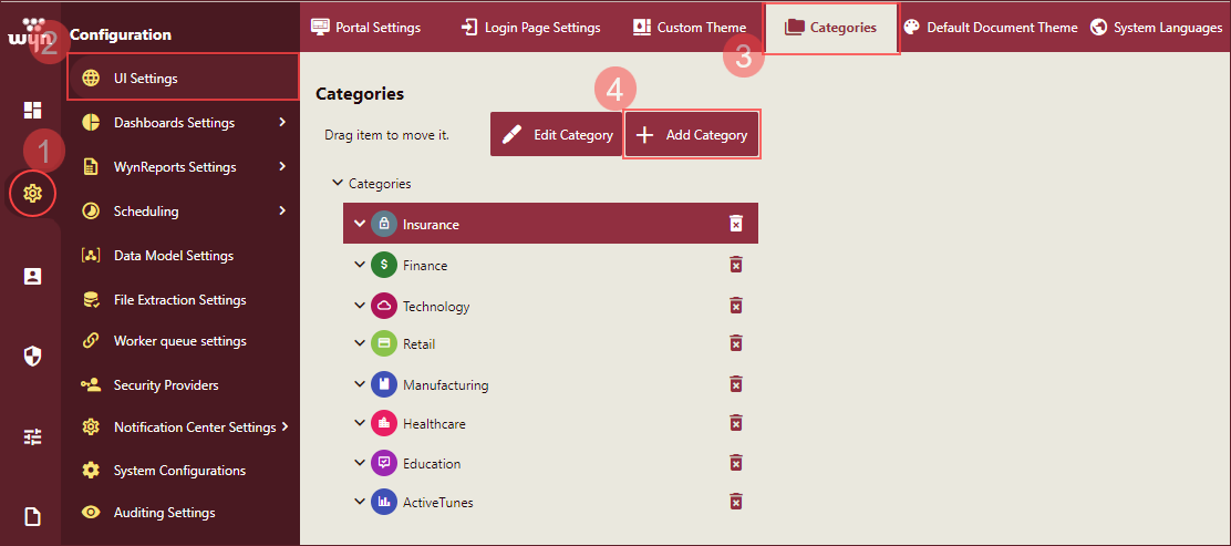 Managing Document Categories in Admin Portal