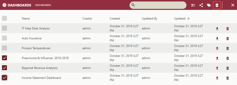 Deleting Multiple Dashboard from the Admin Portal