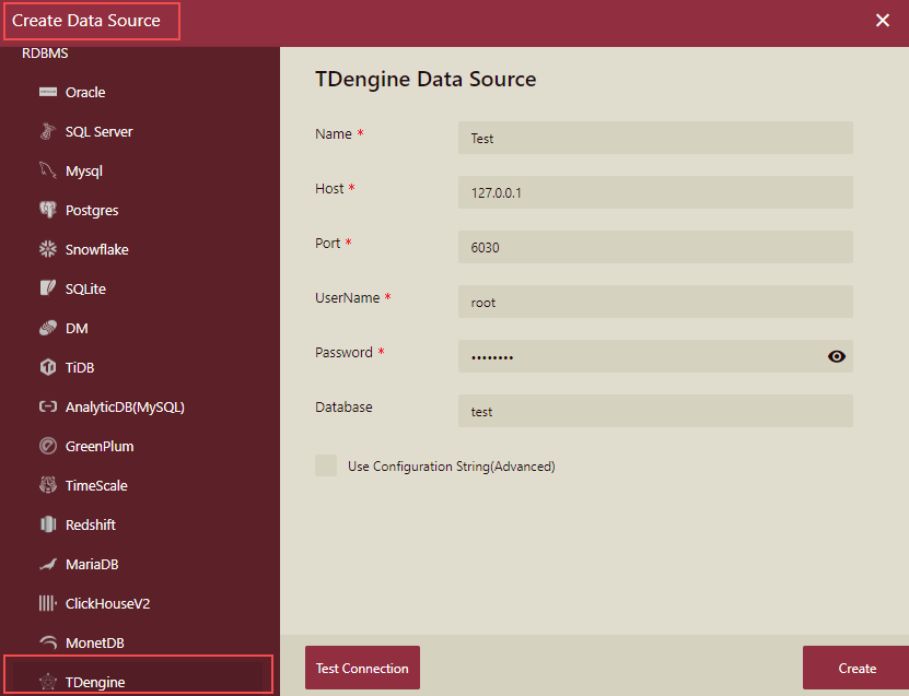 Connection configuration of TDengine