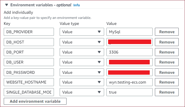 Create task definition - add environment variable