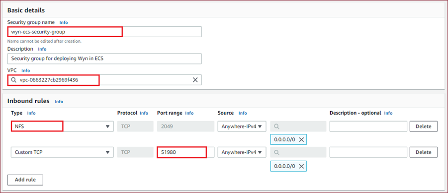 Create security group - add basic details and add an inbound rule to access NFS service