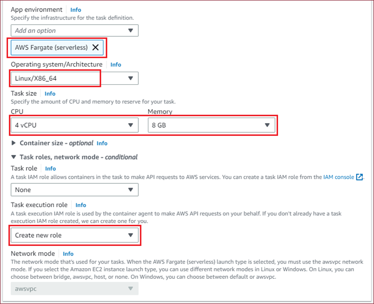 Create task definition - configure environment