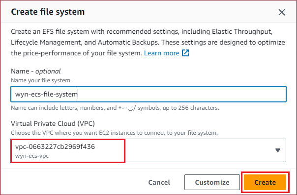 Create File System - click create file system popup