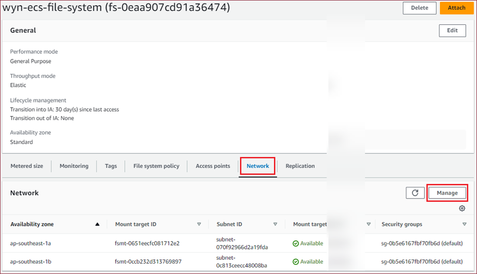 Create File System - manage network settings