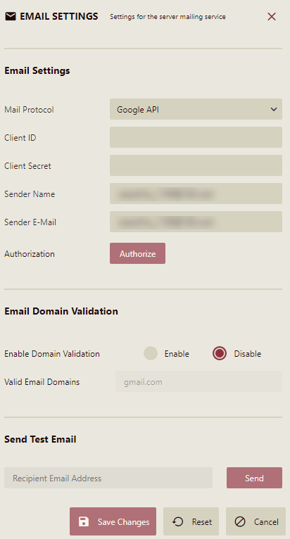 Configuring settings for the server mailing service