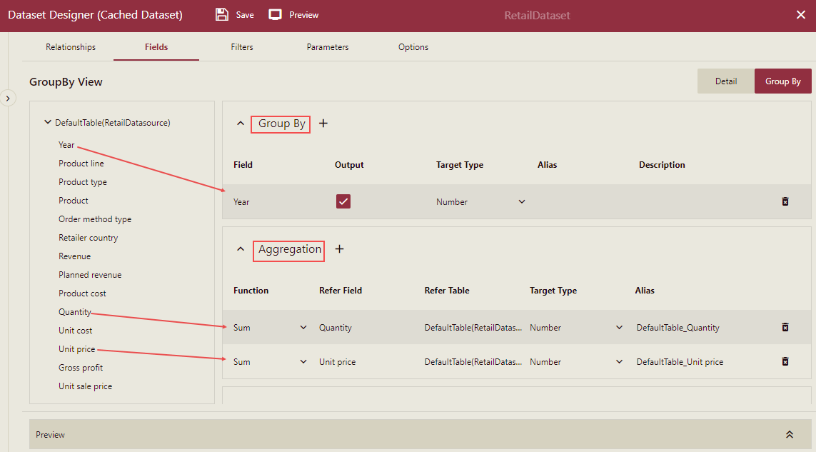 Drag Fields to GroupBy and Aggregation Area