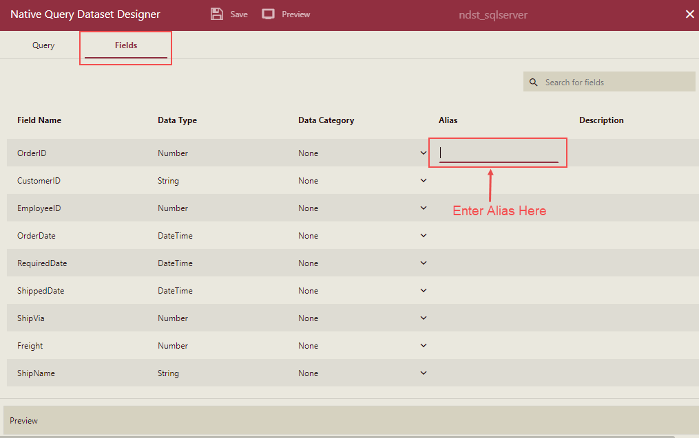 Native Query Dataset Designer Window - Fields Tab