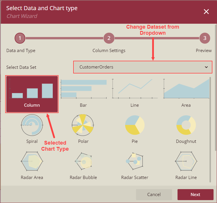 Step 1 - Data and Type settings