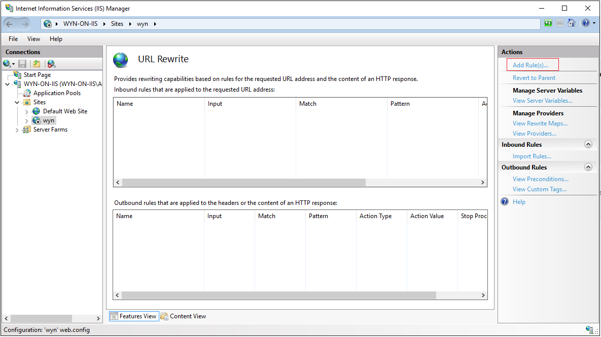 Add Rules in IIS Manager Dialog