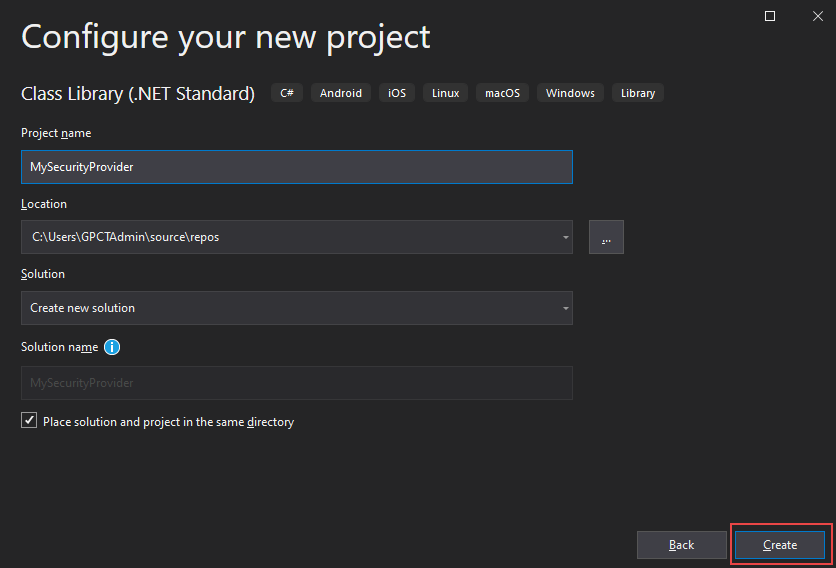 Configure your new project dialog