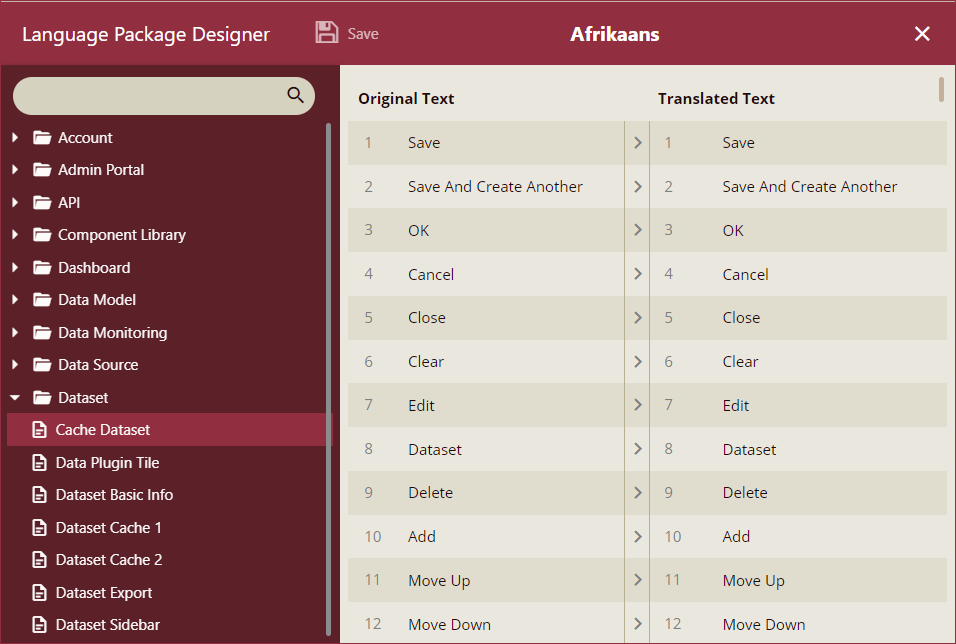 Language Package Designer window