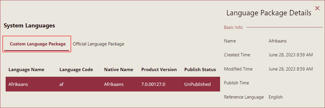 Get Details for Custom Language Package