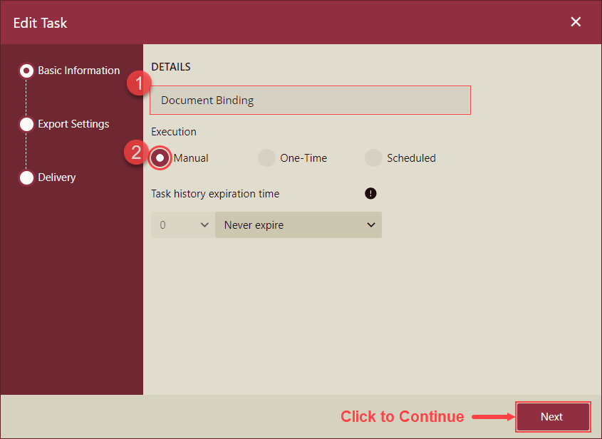 Document Binding - Basic Information on Add Task Popup