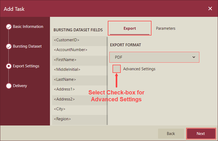 Report Bursting - Export Tab