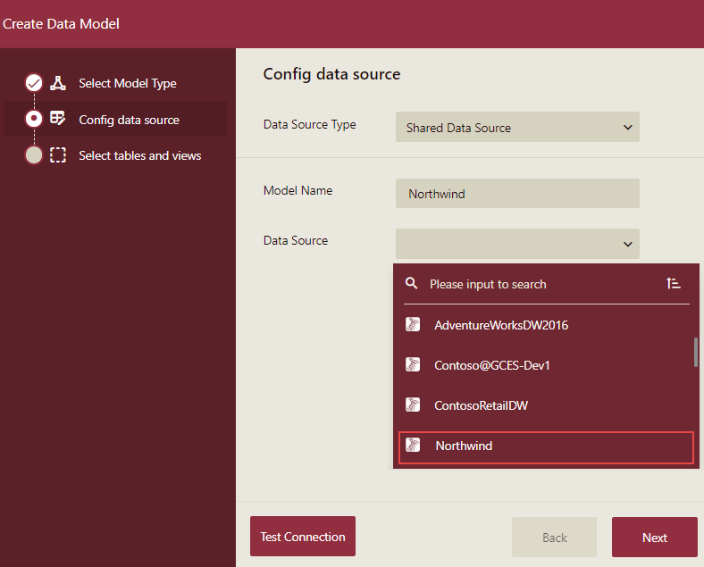 Choose shared data source for data model