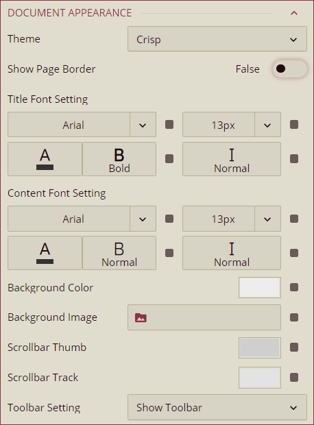 Document Appearance section of the Document Settings for Dashboards