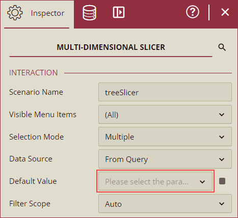 Default value property to bind the parameter to multi-dimensional slicer