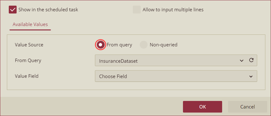 Parameter Settings dialog - Show in the scheduled task from query