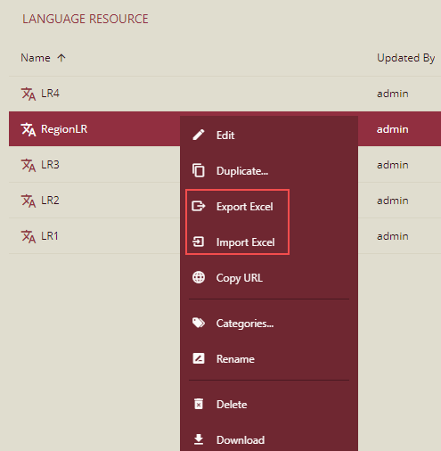 Export Excel and Import Excel in More actions