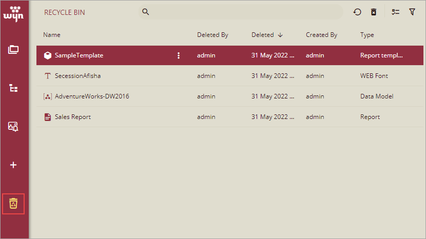 Recycle Bin Tab on Resource Portal