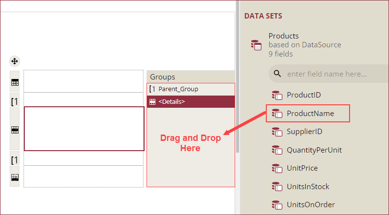 Drag and drop a field to insert child group