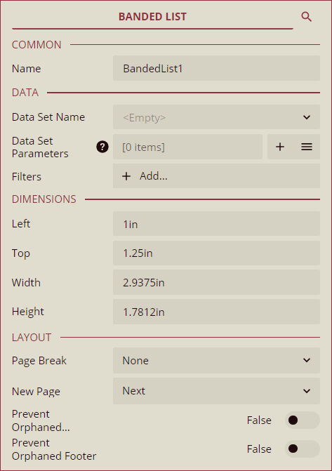 Inspector Panel properties of Banded List