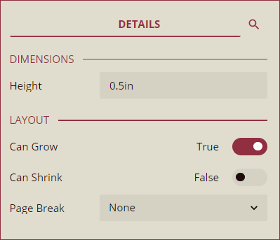 Inspector Panel properties of Header band