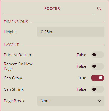 Inspector Panel properties of Header band