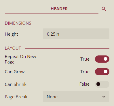 Inspector Panel properties of Header band