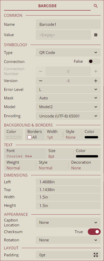 Inspector Panel properties of Barcode control