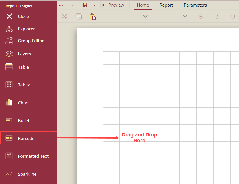 Drag and drop the barcode control on design area