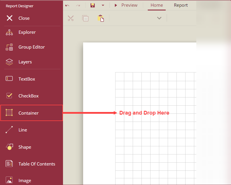 Drag and drop container control on design area