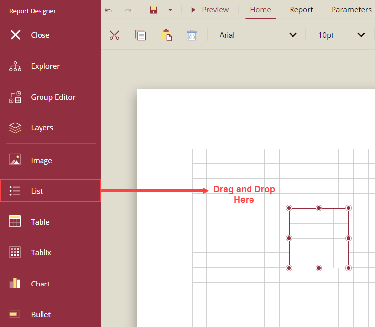 Drag and drop list control on design area