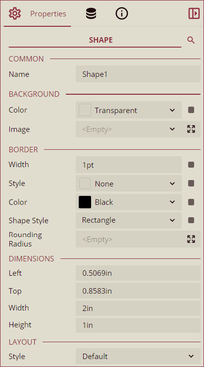 Inspector Panel properties of the Shape control