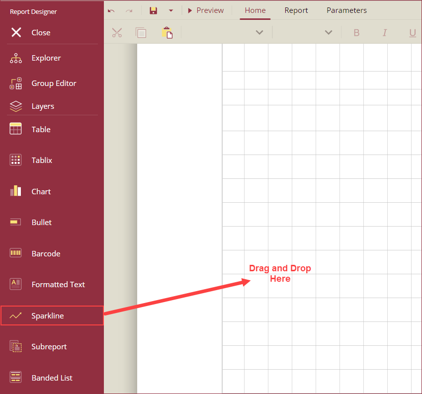 Drag and drop the sparkline control on design area