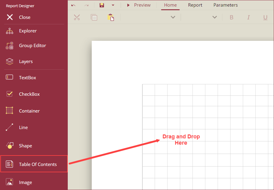 Drag and drop TOC control on design area