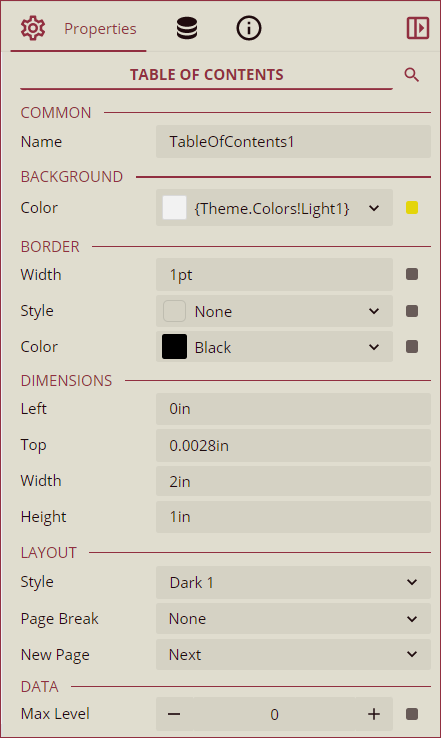Inspector Panel properties of the TOC control