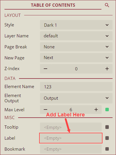 Set the label property of the Table of Contents