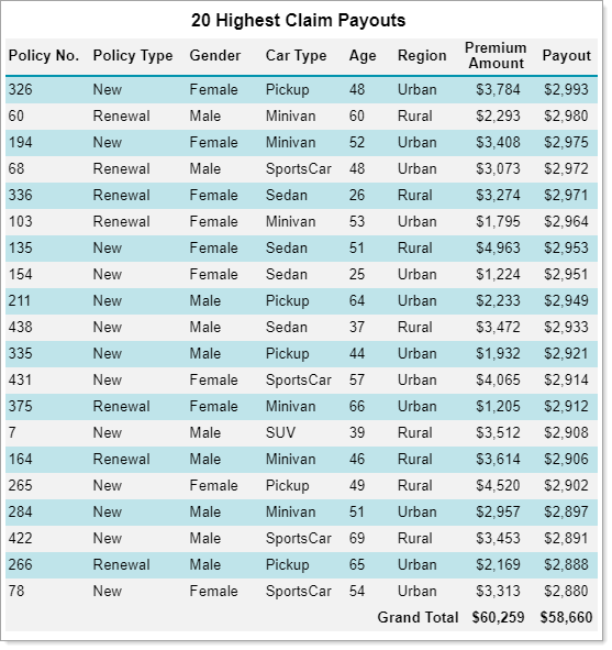 Top 20 Claim Payout Sample Report