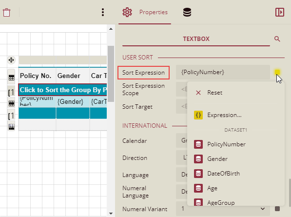 Specifying the sort expression for the table