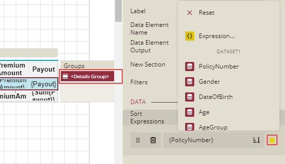 Specifying the sort expression for the table